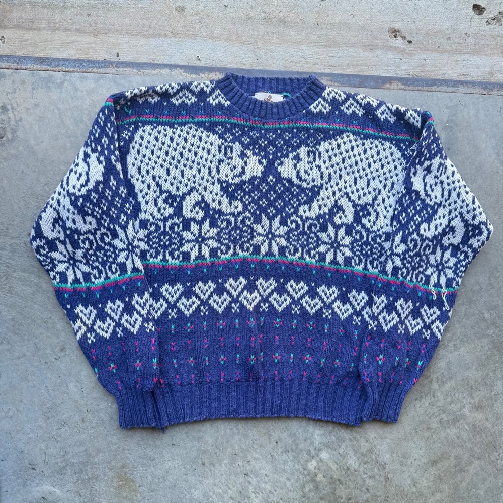 Vintage EMS Eastern Mountain Sports Polar Bear Fair Isle Cotton Sweater Blue M